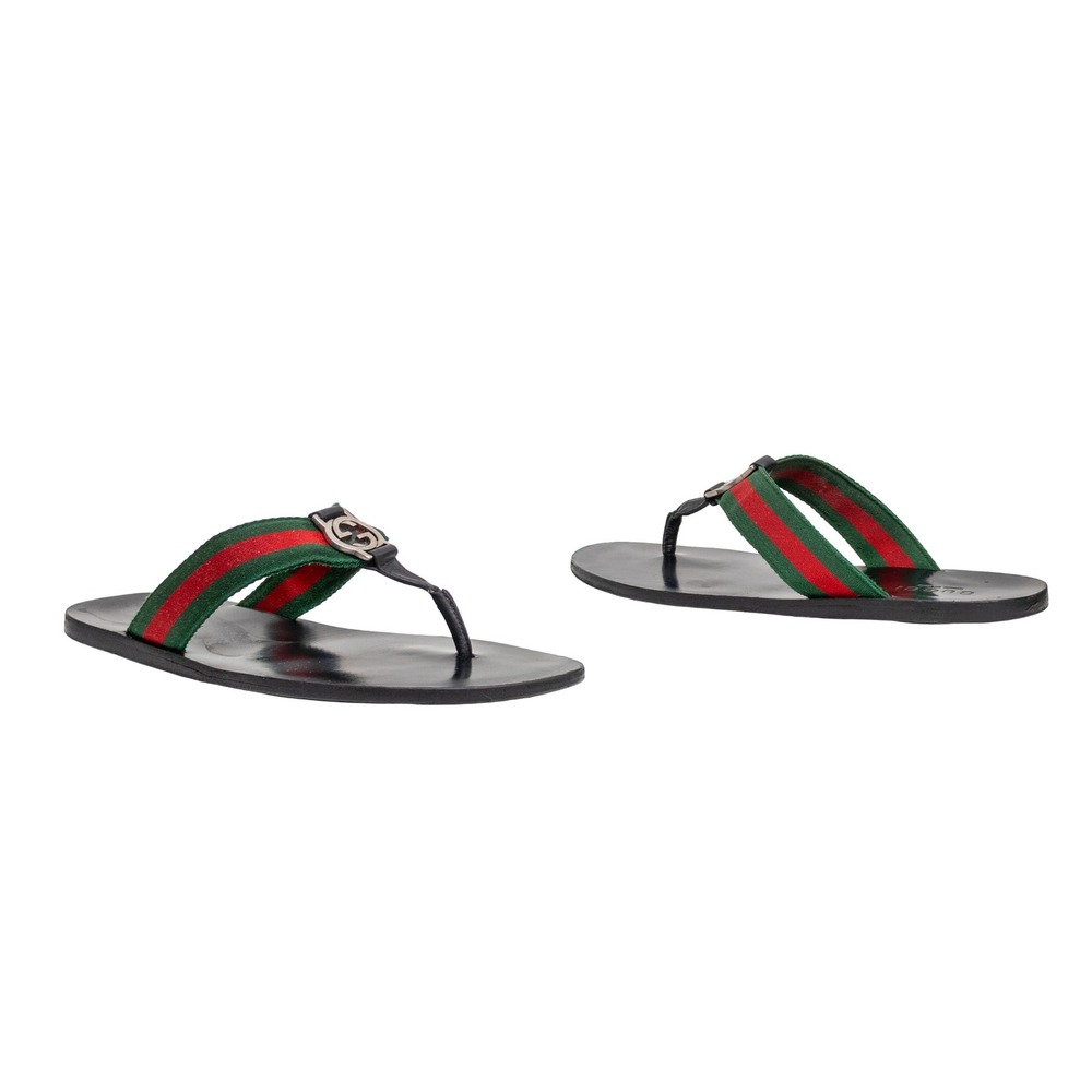 Gucci Web Stripe Interlocking G Logo Thong Sandals Black Leather Green Red 8.5